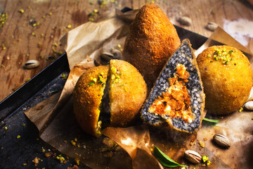 Sicilian aracini on a baking tray divided in half, fresh out of the hoven, wooden table, italian kitchen