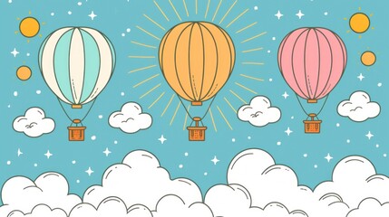 a group of hot air balloons flying through a blue sky with stars and clouds in the sky and a starburst in the sky.