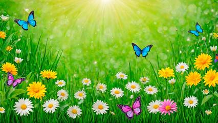 Serene spring scene with vibrant wildflowers and butterflies, bathed in soft, enchanting light, capturing the gentle beauty of nature's rebirth.