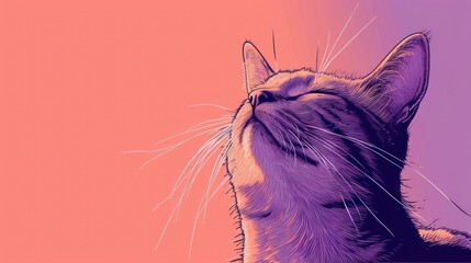 a close up of a cat's face with it's eyes closed on a pink and purple background.