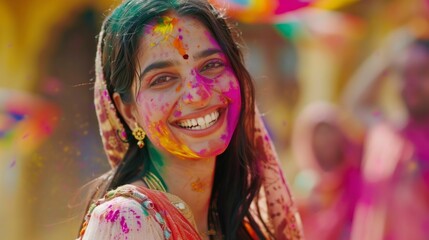 Fototapeta premium woman celebrating Holi hai at a festival in India during the day in high resolution and quality. celebration concept, traditional festival