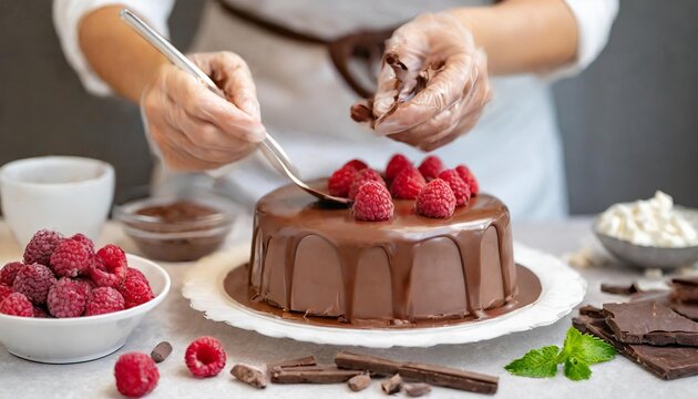 Generated image of someone adding raspberry to a chocolate cake