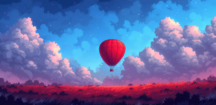 a painting of a red hot air balloon in the sky above a field of grass and trees under a cloudy blue sky.