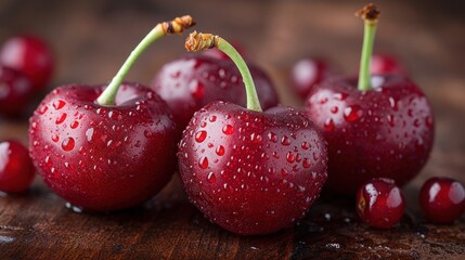 a group of cherries sitting on top of a wooden table with water droplets on the top of the cherries.