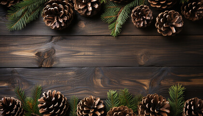 Rustic wood table decor pine cone, fir tree, Christmas ornament generated by AI