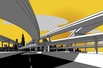 Black and white line drawing of highway overpass and city skyline on yellow background. Vector illustration in vintage art comic style with a Pattern Overlay effect © Raman Maisei