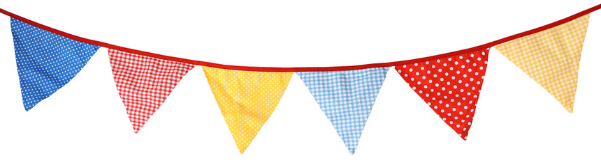 Bright colorful bunting garland. Party flags. Polka dot, checkered patterns. Birthday celebration, wedding anniversary. Holiday Festa Junina decor. Isolated overlay object, banner on white background.