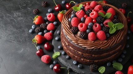 a chocolate cake with fresh berries and chocolate frosting on a slate platter, surrounded by fresh raspberries and blackberries.