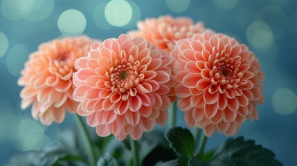 a group of pink flowers sitting on top of a lush green leafy plant in front of a blue background.