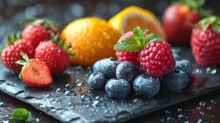 berries, oranges, strawberries, and lemons sit on a slate board with water droplets on it.
