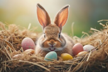 Happy Easter Eggs Basket CGI. Bunny in flower easter Folk Tale decoration Garden. Cute hare 3d Creative coloring easter rabbit spring illustration. Holy week Eggcellent card wallpaper warm regard - obrazy, fototapety, plakaty