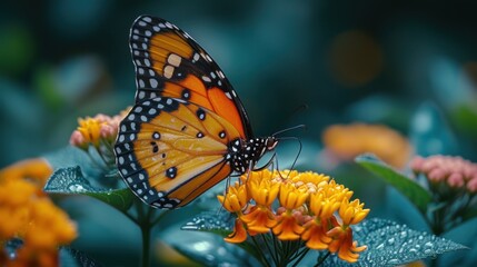 a close up of a butterfly on a flower with water droplets on it's wings and a blurry background.