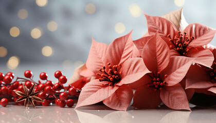 Bright poinsettia flower head illuminates dark winter celebration generated by AI