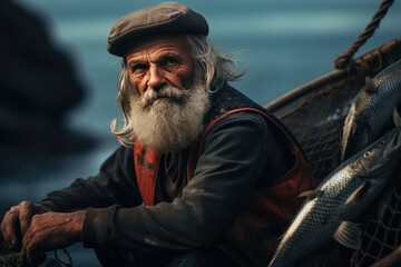 Portrait of adult fisherman on a trawler boat,A fisherman's portrait, capturing the weight of life and the sea in his eyes. A poignant glimpse into his world. A cheerful professional mature fisherman. - obrazy, fototapety, plakaty
