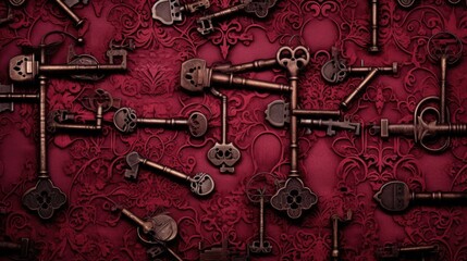 Background with antique old keys in Cherry Red color