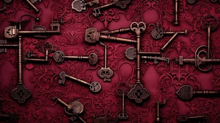 Obraz premium Background with antique old keys in Cherry Red color