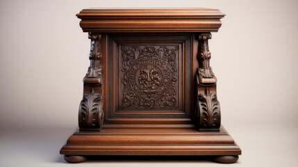 A close-up reveals an ornately carved wooden podium against a beige backdrop, highlighting the exquisite artistry and attention to detail in its craftsmanship.