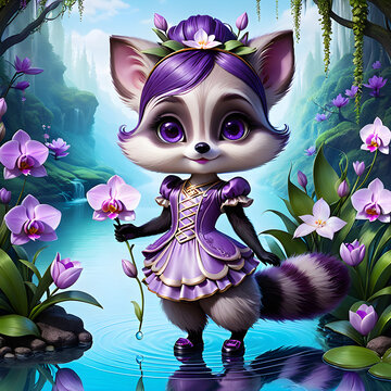 Dreamy is a whimsical and enchanting character, an anthropomorphic raccoon brought to life in a cute cartoon form. She is adorned with vibrant purple hair that cascades down her back, adding a playful