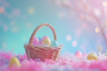 Fototapeta na wymiar Happy Easter Eggs Basket Whimsical. Bunny in flower easter Platinum decoration Garden. Cute hare 3d Turquoise Bay easter rabbit spring illustration. Holy week unoccupied space card wallpaper hare