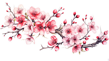 pink colored cherry blossoms an a twig in watercolor design isolated against transparent background