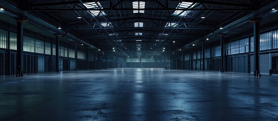Empty warehouse with sunlight coming in through the glass roof - obrazy, fototapety, plakaty