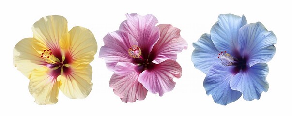 Set of three colorful beautiful live gladiolus hibiscus flowers isolated on white background. - obrazy, fototapety, plakaty