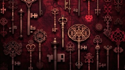 Background with antique old keys in Garnet color.