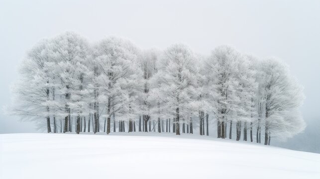 a group of trees covered in snow on top of a snow covered hill in front of a foggy sky.
