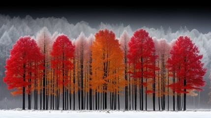 a group of trees with red and orange leaves in the middle of a snowy area with a mountain in the background.