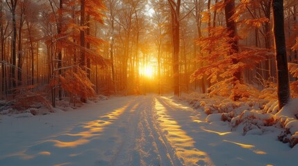 the sun shines brightly through the trees in the snow - covered woods on a path through snow - covered trees.