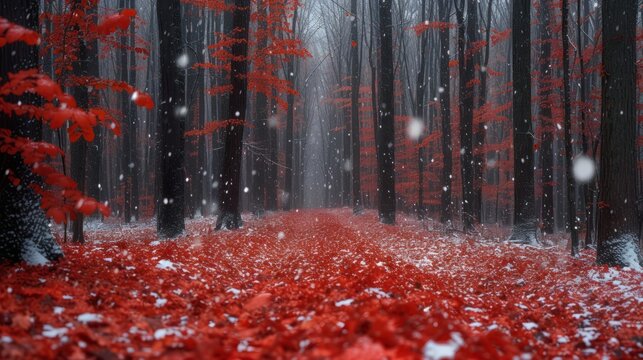 a red forest with snow falling on the ground and trees with red leaves on the ground and trees with red leaves on the ground.