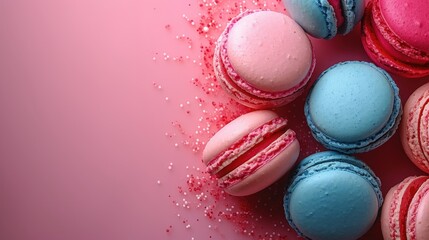 a group of macaroons sitting next to each other on a pink and blue surface with sprinkles.