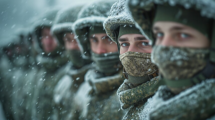 Soldados del ejercito ruso en formación con los uniformes cubiertos de nieve