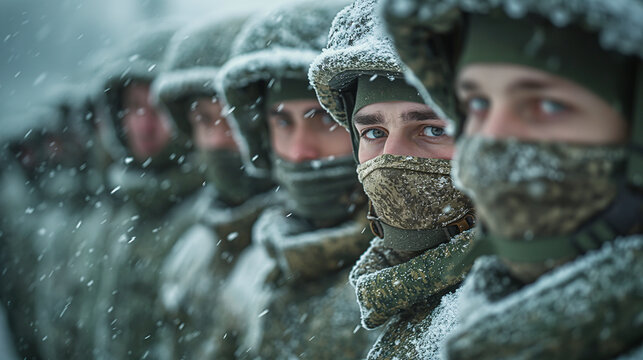 Soldados del ejercito ruso en formaci&oacute;n con los uniformes cubiertos de nieve
