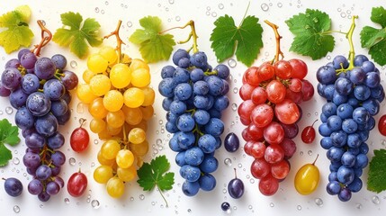 a bunch of grapes are lined up in a row on a white surface next to green leaves and water droplets.