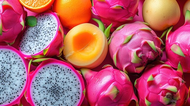 a close up of dragon fruit with oranges and grapefruits on the side of the fruit and on the other side of the fruit.