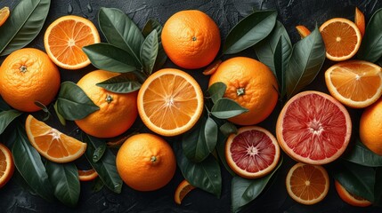a group of oranges and grapefruits with leaves on a black surface with leaves and leaves surrounding them.
