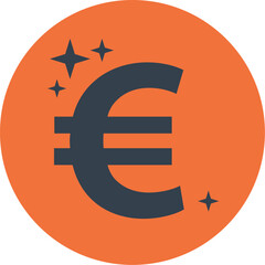 Euro symbol with sparkles on orange circle.