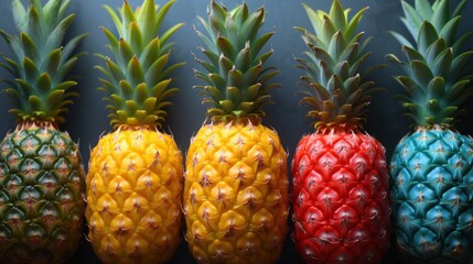 a row of different colored pineapples sitting next to each other on a black background with other pineapples in the background.