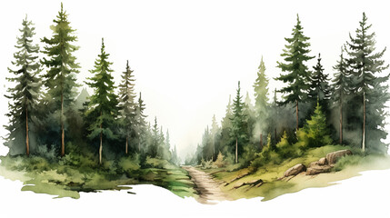 Watercolour path in forest landscape scenery