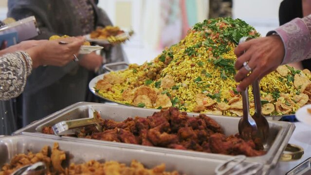 Catering buffet food in restaurant on traditional indian wedding. Close up shot