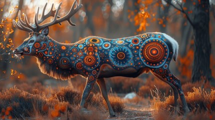 a painting of a deer with intricate patterns on it's body and antlers on it's back.