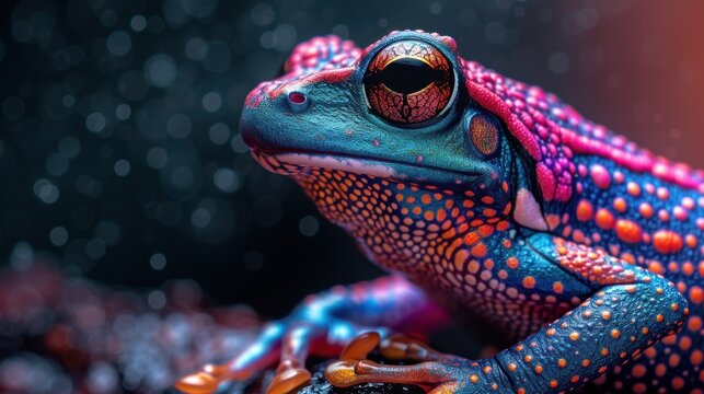 a close up of a colorful frog on a black background with a blurry image of the frog's eyes.