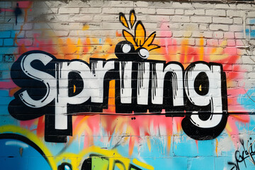 Brick wall intricately painted with the word spring in bold letters, adding a vibrant touch to the urban setting