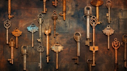 Background with antique old keys in Rust color