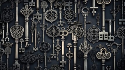 Background with antique old keys in Silver color.
