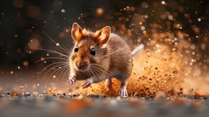 a close up of a small rodent running through a puddle of water with dust on it's surface.