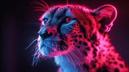 a close - up of a cheetah's face with red and blue light coming from its eyes.