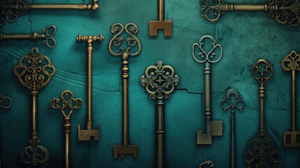 Background with antique old keys in Teal color