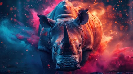 a rhinoceros standing in the middle of a field of red and blue smoke and dust, with a black rhinoceros's head in the foreground. - obrazy, fototapety, plakaty